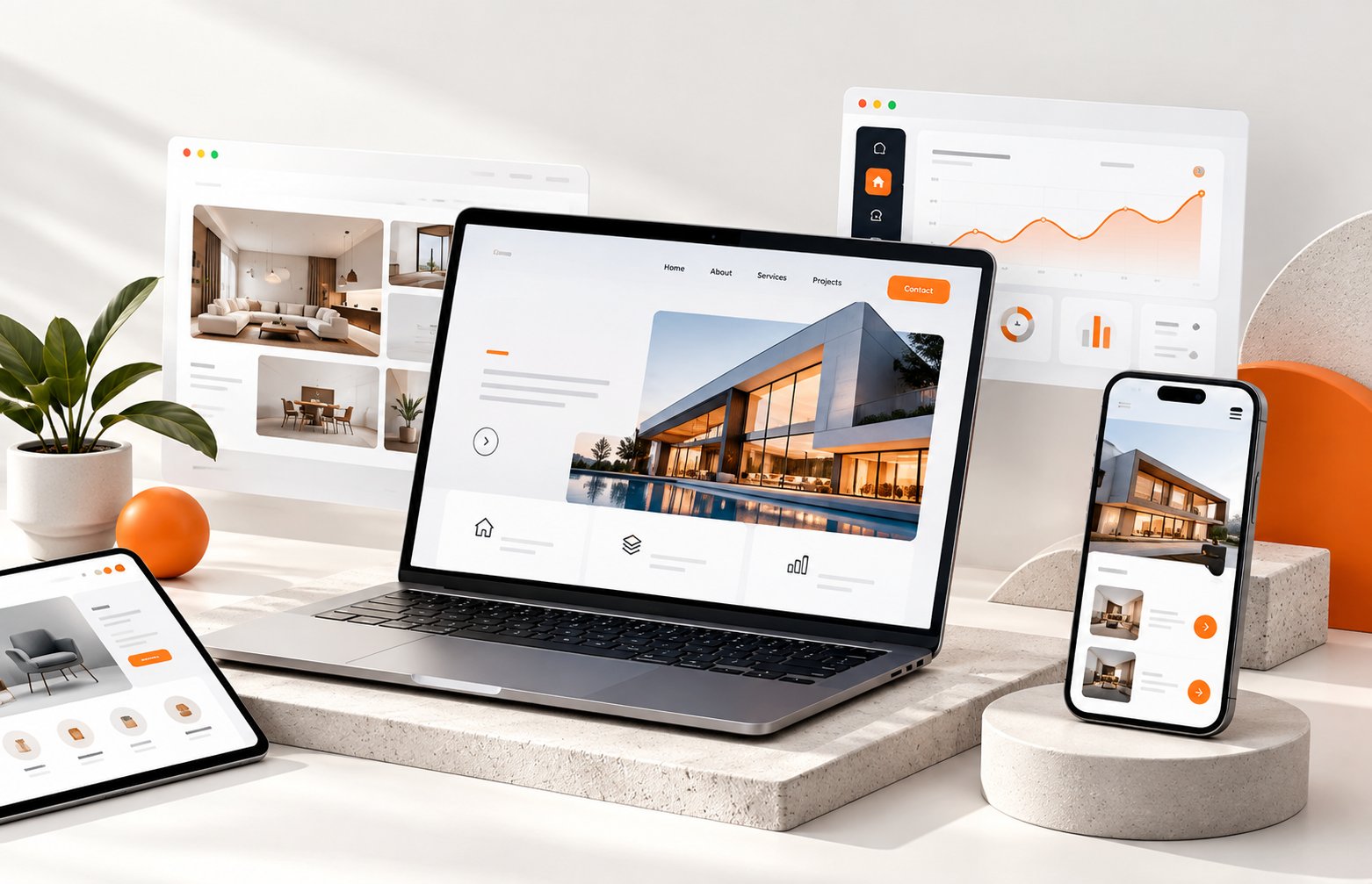 Responsive website and digital platform designs by Creative Birdz shown on laptop, tablet and phone